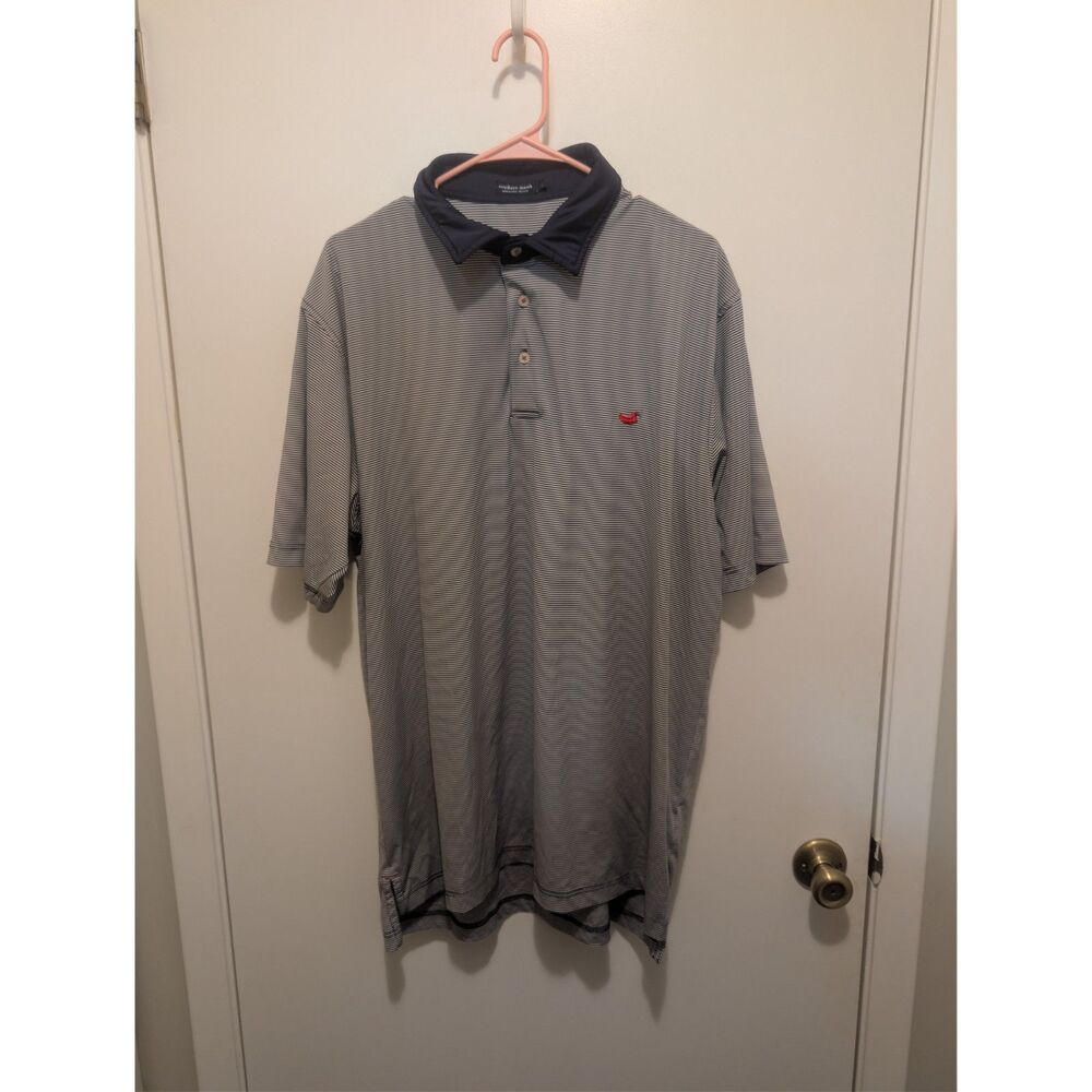 Southern Marsh Men's XL Navy Gray Striped Performance Polo Duck Logo